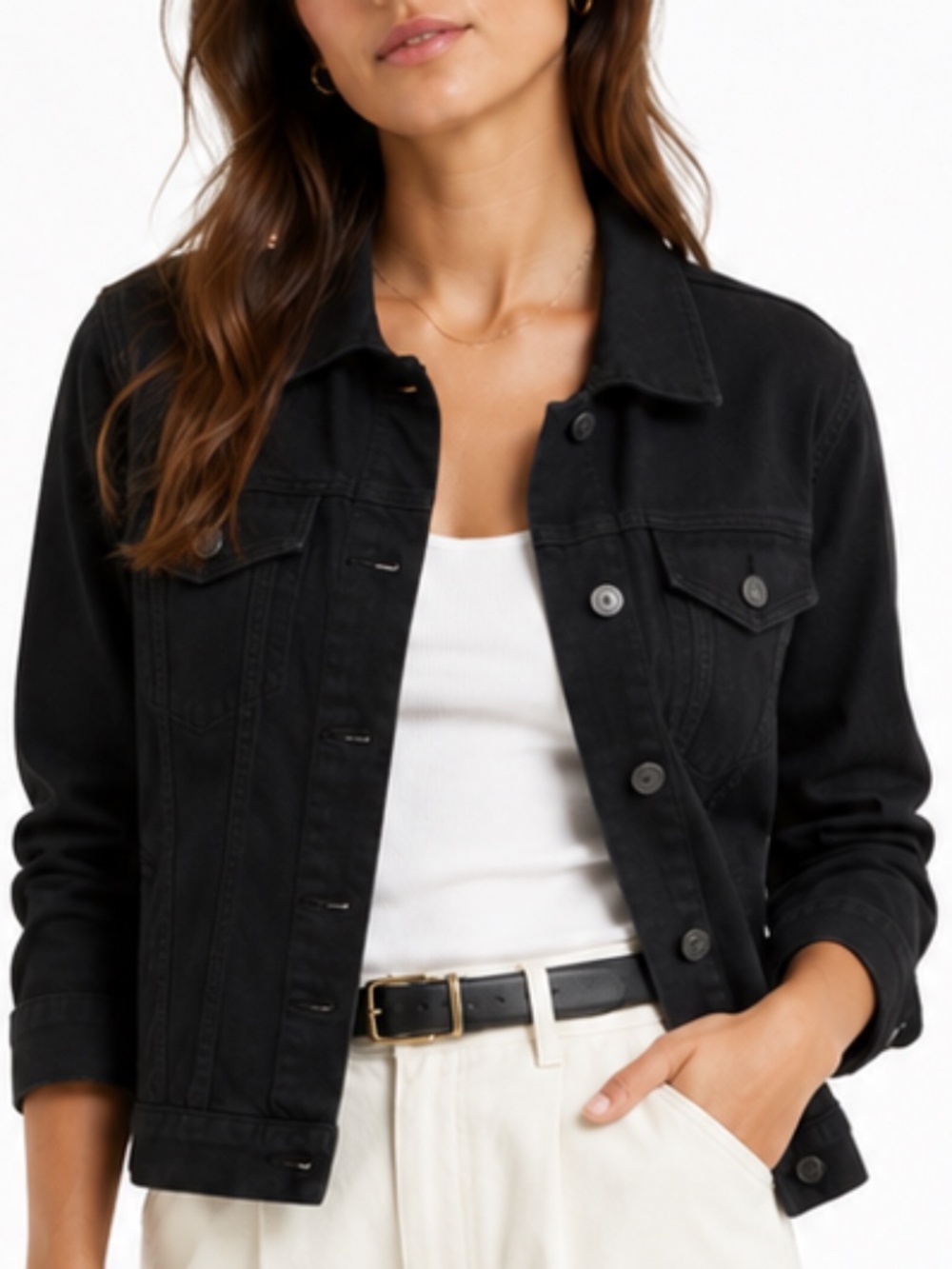 BELLE BY KIM GRAVEL Black Twill Denim Trucker Jacket Knit Back & Sleeves M EUC - Picture 4 of 11